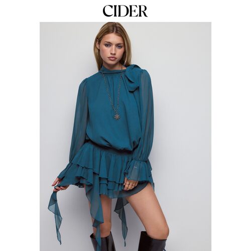 CIDER雪纺系带领荷叶边袖层叠蕾丝拼接迷你连衣裙115606562