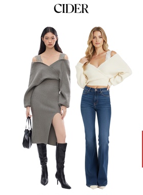 【所有姐姐的衣橱】CIDER蕾丝镂空针织连衣裙/V领蕾丝针织长袖