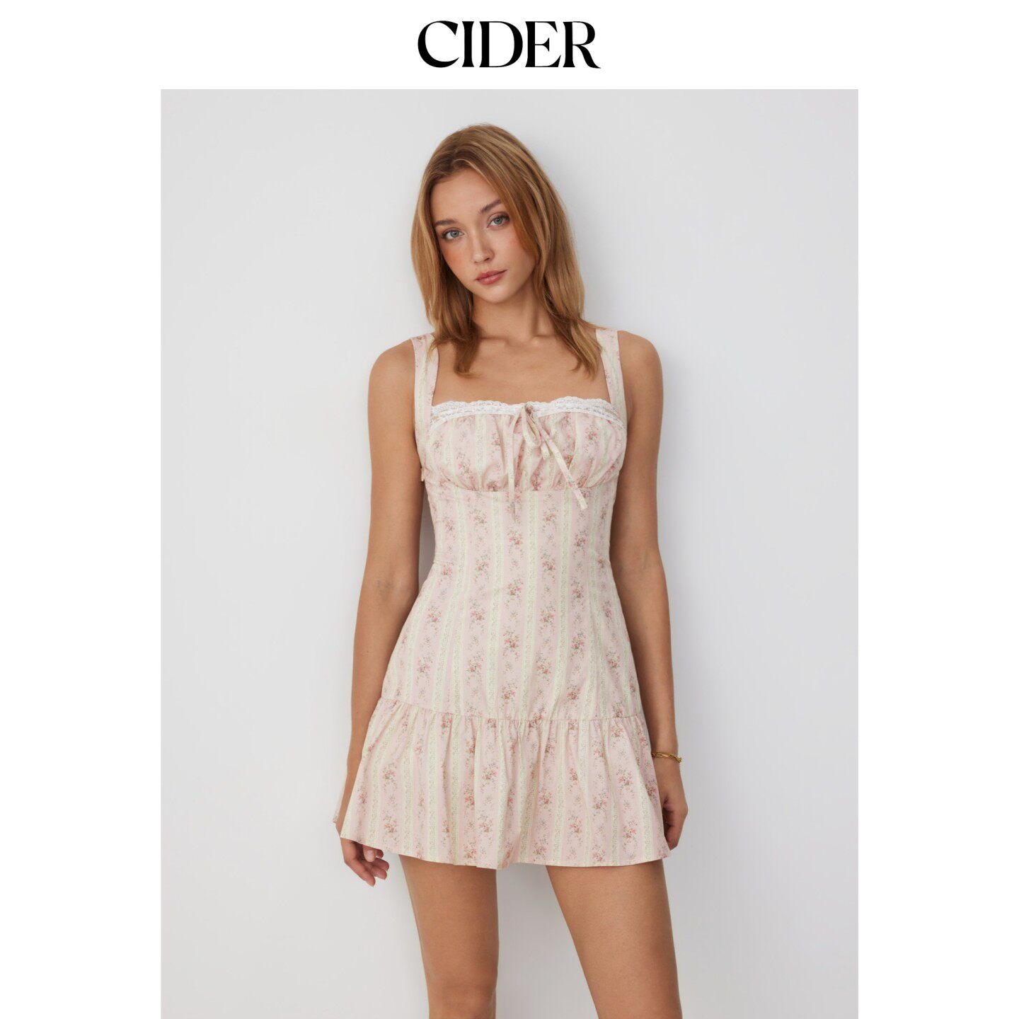 CIDER2026早秋季新品碎花方领系带荷叶边A字迷你连衣裙115434069图片