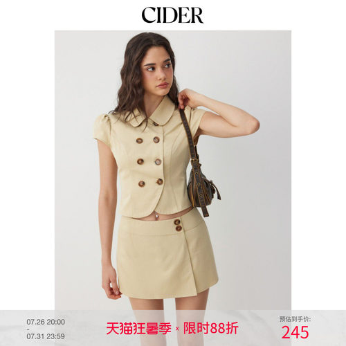 CIDER棉混纺彼得潘翻领泡泡袖金属双排扣上衣115408123