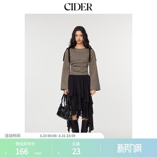CIDER船领格纹蝴蝶结褶皱设计喇叭长袖 女113922543 衬衫