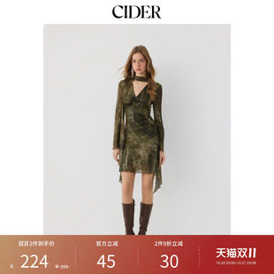CIDER2026秋季新品抽象系带扭褶网纱V领迷你连衣裙114727348