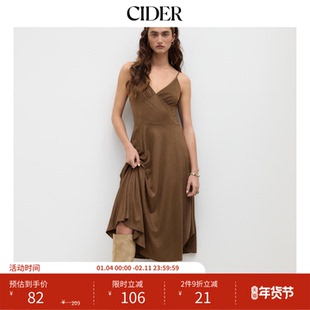 CIDER 春秋新品女装麂皮V领荷叶边中长连衣裙114260122