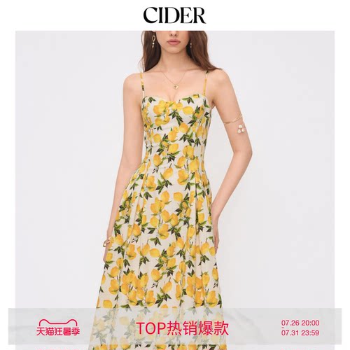 CIDER 柠檬色蕾丝花边裙子百褶吊带中长连衣裙114640756