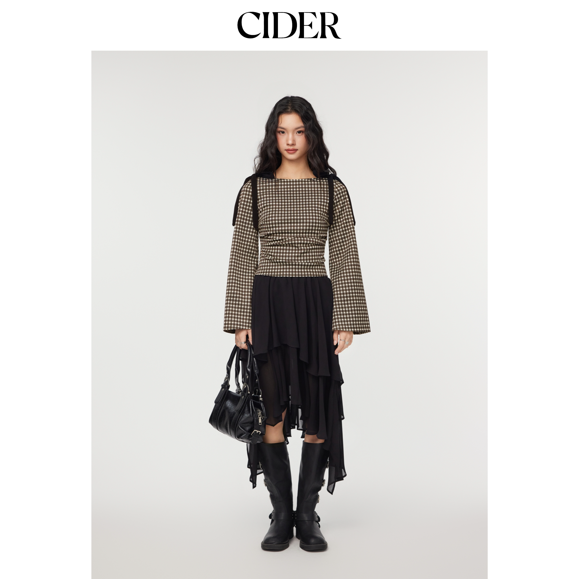 CIDER船领格纹格子蝴蝶结褶皱设计喇叭长袖修身百搭衬衫113922543