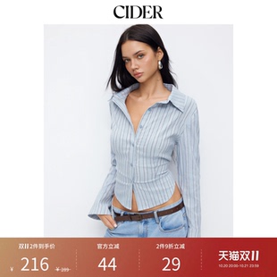 CIDER棉混纺翻领条纹纽扣喇叭袖上衣115093043