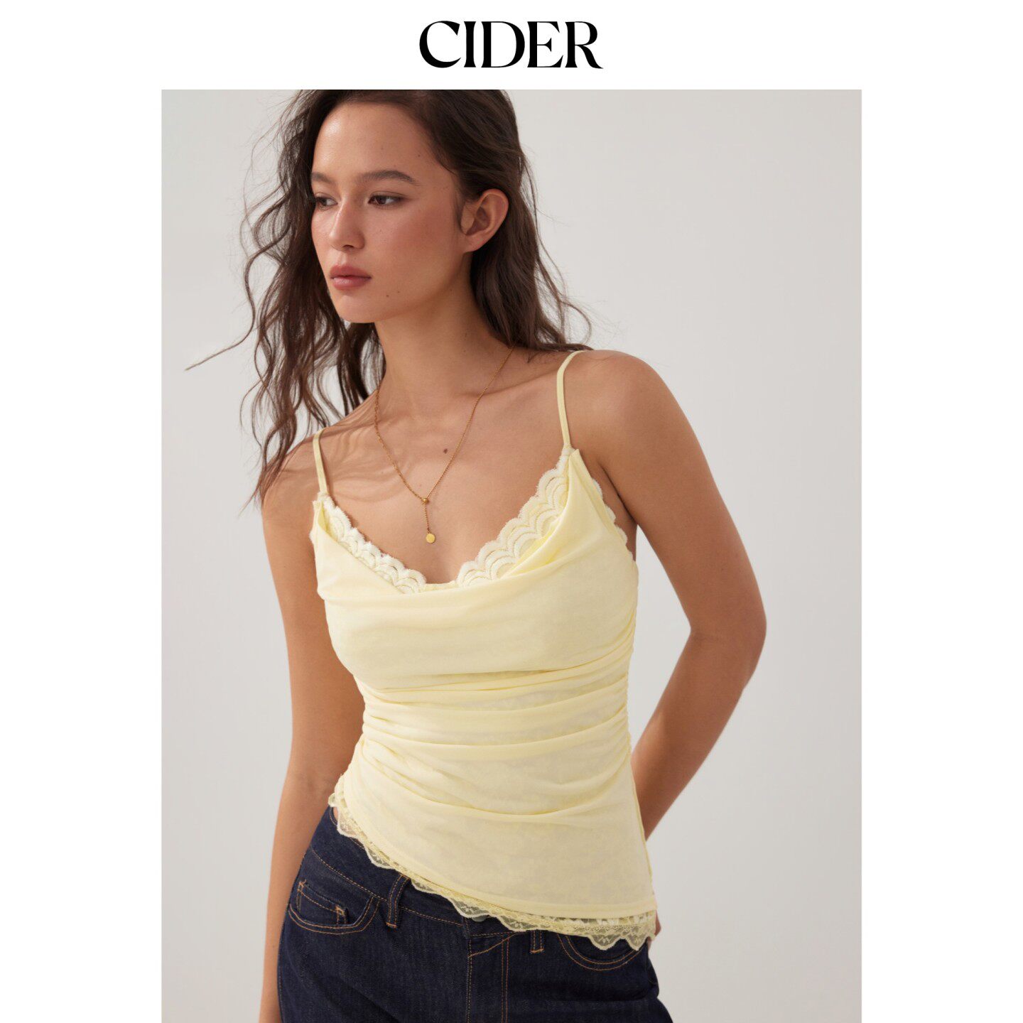 CIDER2026早秋季新品心形领蕾丝拼接褶皱不对称吊带上衣115522509图片