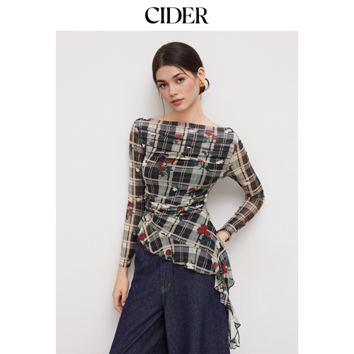 【明星同款】CIDER玫瑰格纹甜酷斜肩修身一字肩上衣女114149345