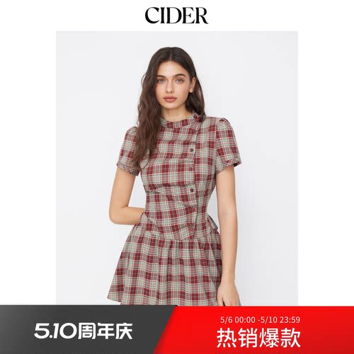 CIDER美式格纹翻领泡泡袖系带迷你连衣裙114992258