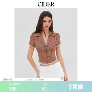 女装 衬衫 114451591 刺绣短袖 CIDER棉V领格纹荷叶边英式