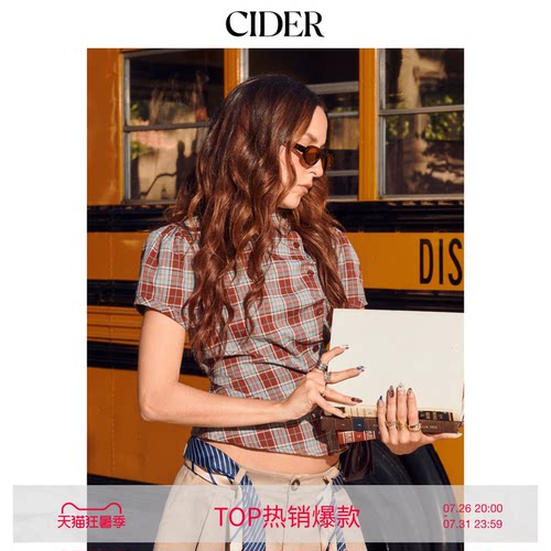 美式复古格纹短袖衬衫女