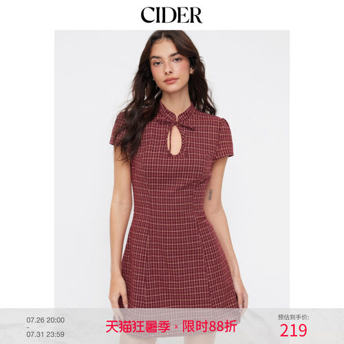 CIDER学院风格纹镂空蝴蝶结泡泡袖迷你连衣裙115029119