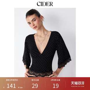 CIDER秋季新品波点V领喇叭袖蕾丝镶边上衣115616967