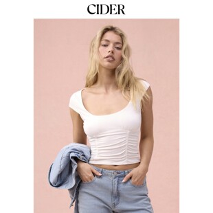 圆领褶皱短袖 高弹短款 上衣115279207 新品 CIDER2026春季