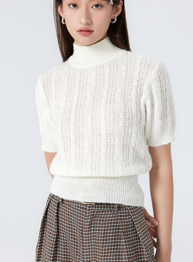 CIDER 羊毛质感五分袖毛衣外套高领短袖女装毛衣1020075