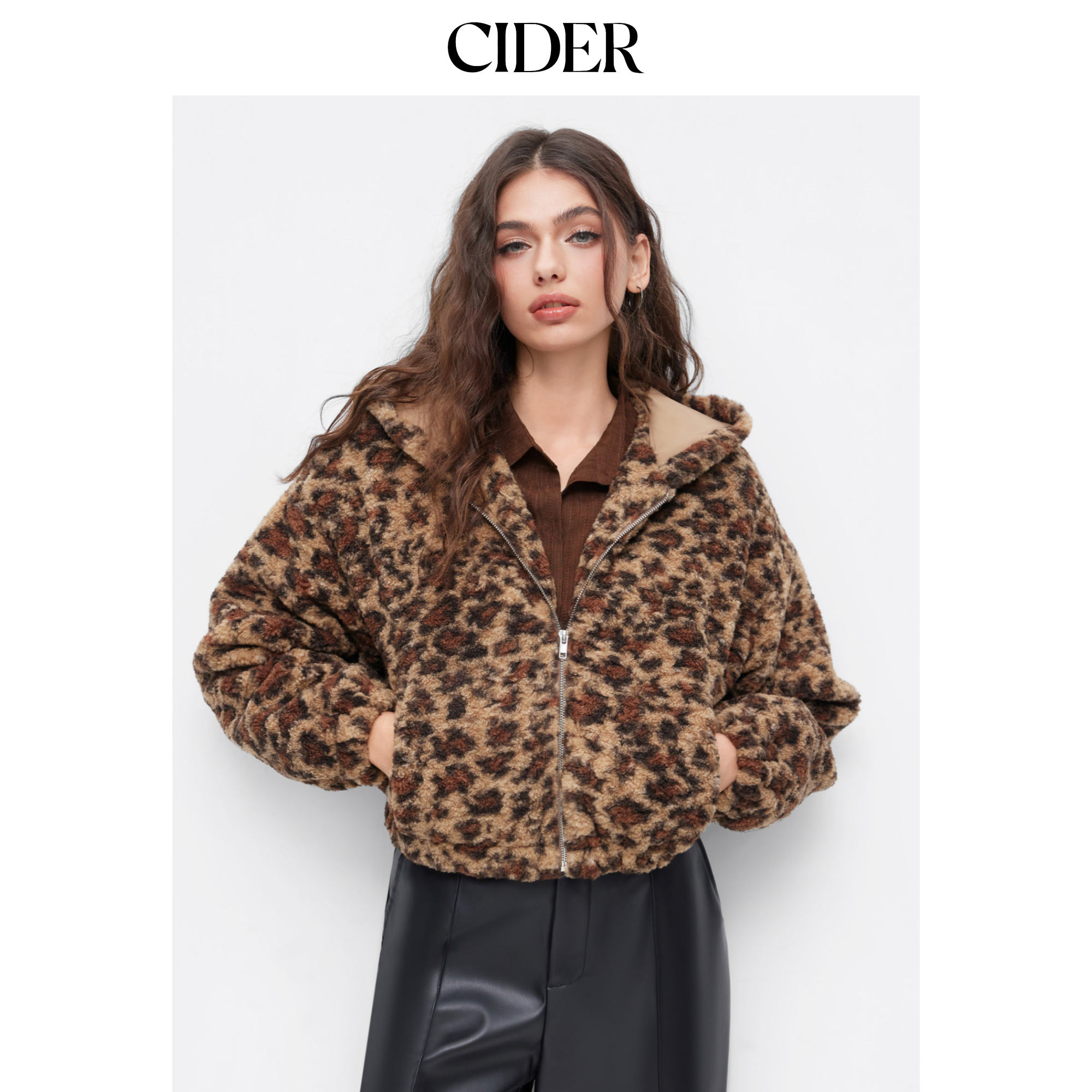 CIDER短款豹纹拉链摇粒绒连帽夹克115050008