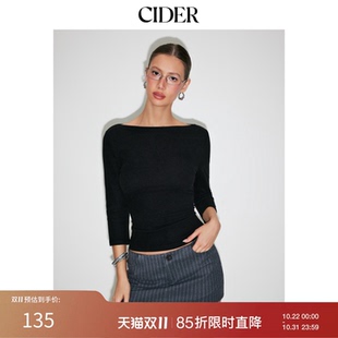 CIDER纯色套头一字领棉混纺船领中袖T恤短款女装上衣115127856