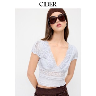 短款 蕾丝V领碎花泡泡短袖 上衣115283938 新品 CIDER2026春季