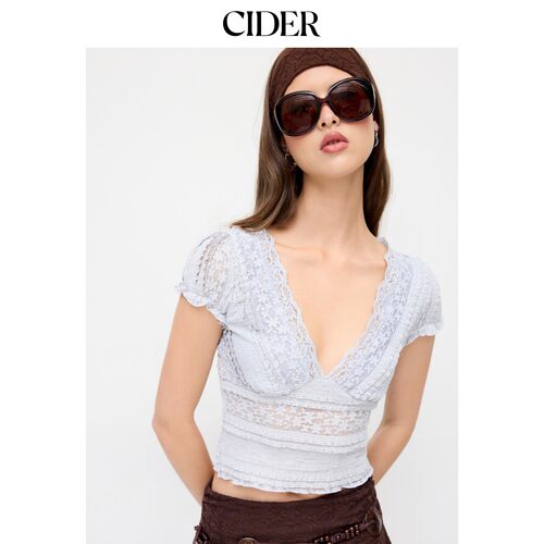 CIDER2026春季新品蕾丝V领碎花泡泡短袖短款上衣115283938