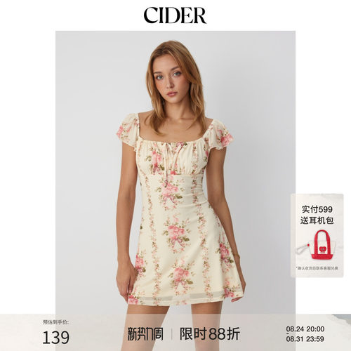 CIDER2026夏季新品碎花方领荷叶袖系带A字迷你连衣裙115368087