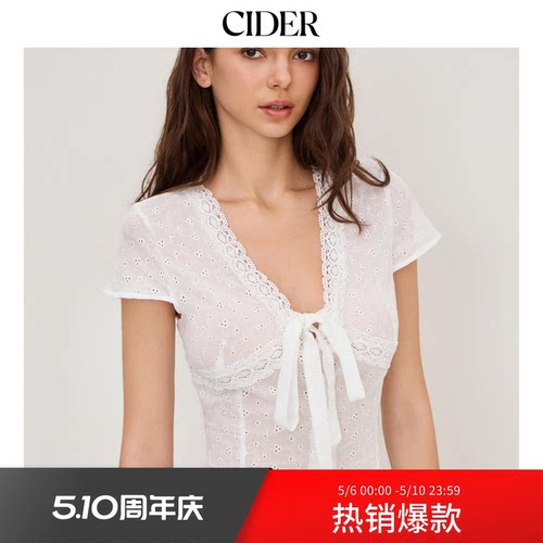 【明星同款】CIDER美式棉刺绣蝴蝶结法式蕾丝衬衫114326439 - 封面