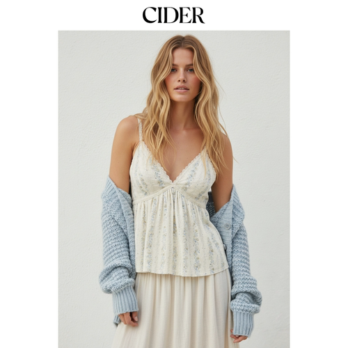 棉质混纺碎花V领吊带上衣