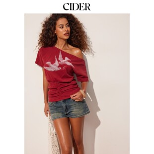 CIDER2026夏季新品棉混纺印花不对称褶皱上衣115527669