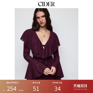 CIDER2026秋季新品蕾丝V领系带荷叶袖喇叭迷你连衣裙115733042