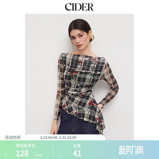 CIDER玫瑰格纹修身 斜肩荷叶边针织上衣女114149345 衬衫
