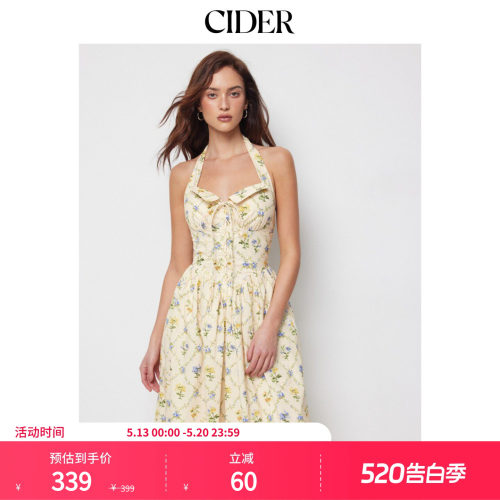 CIDER2026春季新品棉质碎花挂脖系带A字长连衣裙115255418