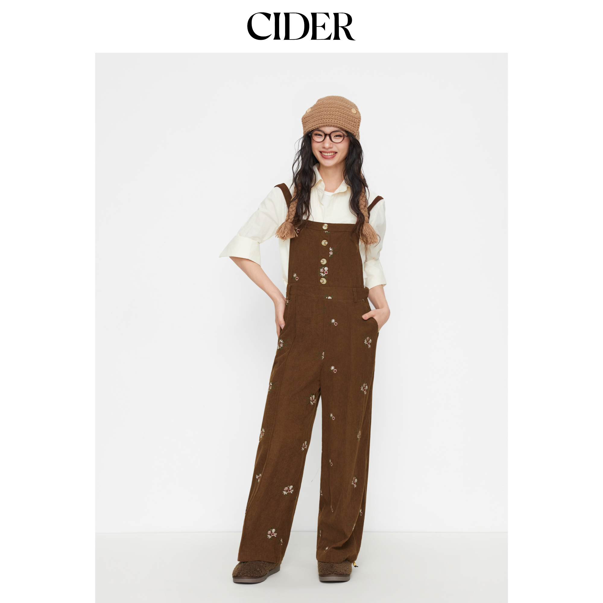 CIDER春秋女装碎花露背口袋阔腿灯芯绒连体裤114915001