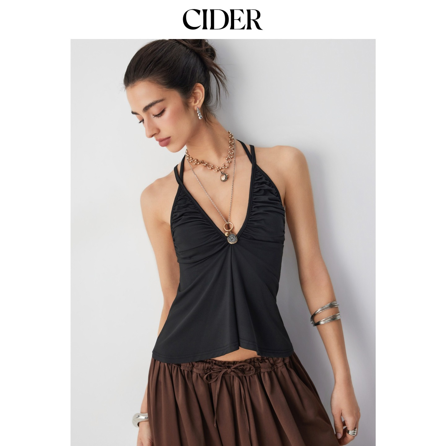 CIDER2026秋季新品纹理V领褶皱挂脖扭结系带吊带上衣115582806图片