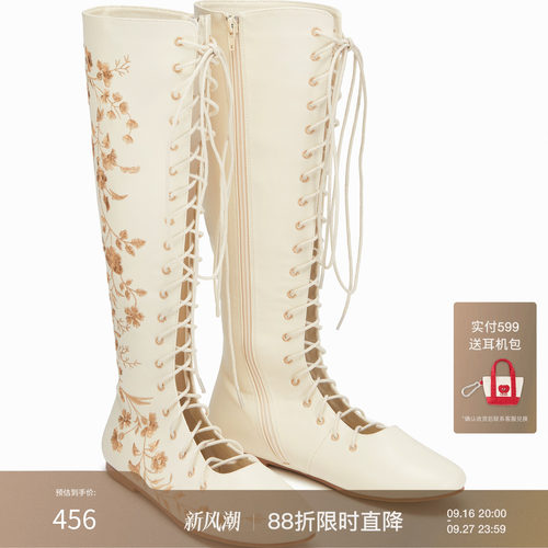 【明星同款】CIDER秋冬新品女装花卉刺绣系带过膝长靴114731444