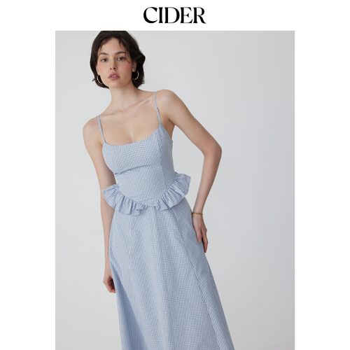 CIDER2026夏季新品棉混纺格纹荷叶边蝴蝶结长连衣裙115498219