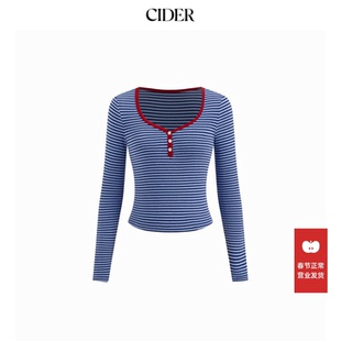 CIDER春秋女装撞色镶边条纹甜心领长袖T恤114826968