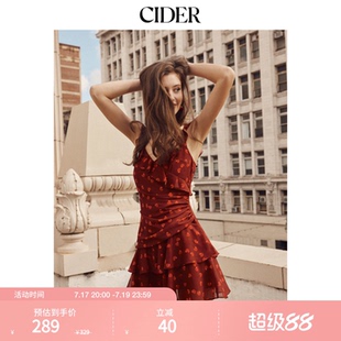 【明星同款】CIDER酒红色樱桃印花无袖连衣裙115137403
