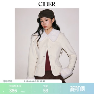 CIDER仿羊毛翻领纽扣白色夹克毛边大衣外套115005011 明星同款