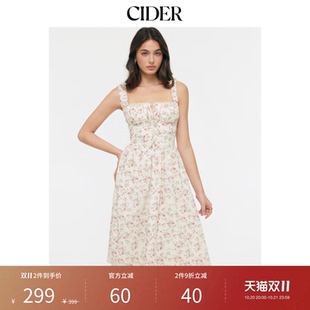 CIDER碎花系带抽褶棉质混纺中长连衣裙115186813
