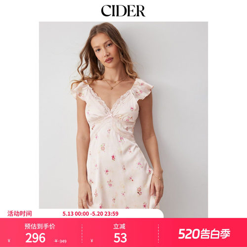 CIDER2026春季新品缎面碎花V领荷叶袖蕾丝A字迷你连衣裙115251473