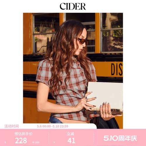 CIDER格纹格子衬衣上衣翻领泡泡袖美式复古扣纽衬衫女114775917