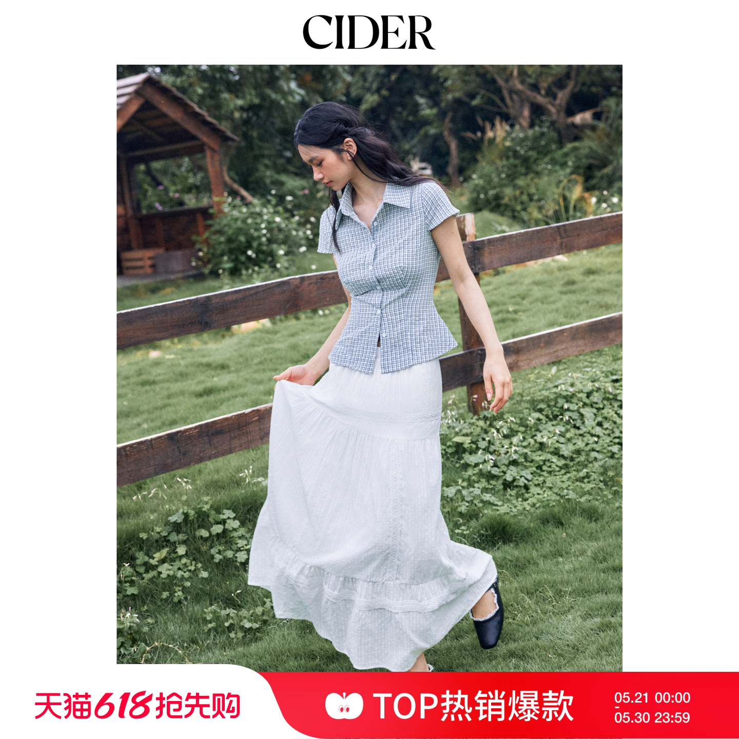 CIDERmiu系棉格子衬衫夏polo领格纹纽扣衬衣小衫114594915