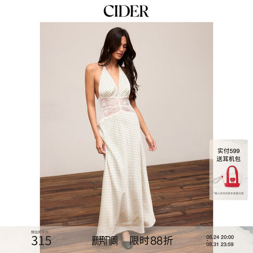 CIDER2026春季新品缎面波点V领蕾丝鱼尾长连衣裙115395350