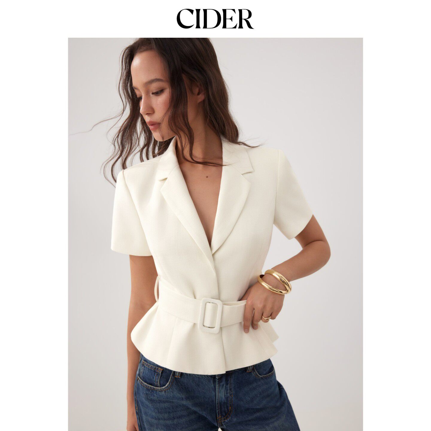 CIDER2026夏季新品翻领短袖垫肩系带西装115351360