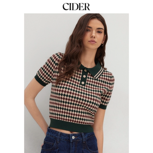 针织衫 翻领针织上衣114327825 菱形格短袖 CIDER春秋女装