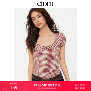CIDER2026春季新品红格纹彼得潘翻领泡泡袖短款上衣115126659