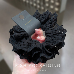 许我耀眼许妍同款 刺绣蕾丝肥肠圈镂空头花 复古花边大号发圈法式