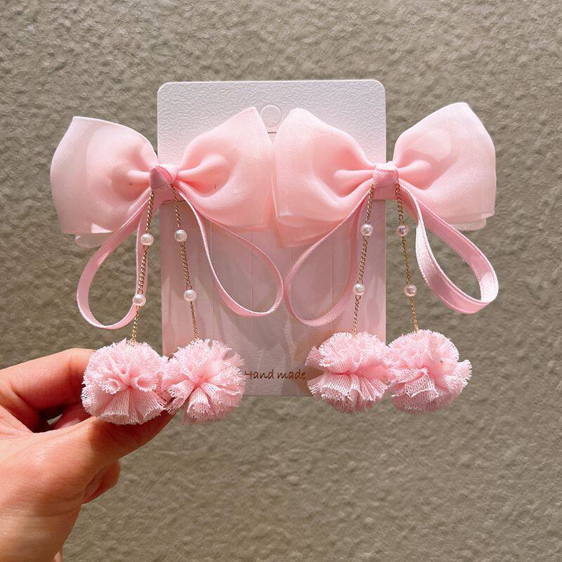 春夏新款蝴蝶结儿童果冻纱珍珠链发夹小女孩毛球发饰公主头饰对夹