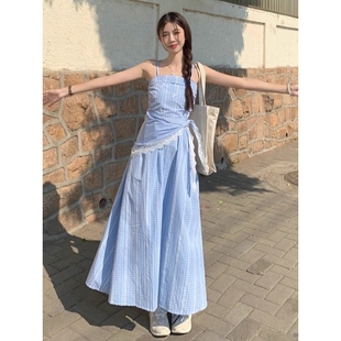奥特莱斯品牌专柜蓝色格子抹胸吊带连衣裙女夏多巴胺云南西藏海边
