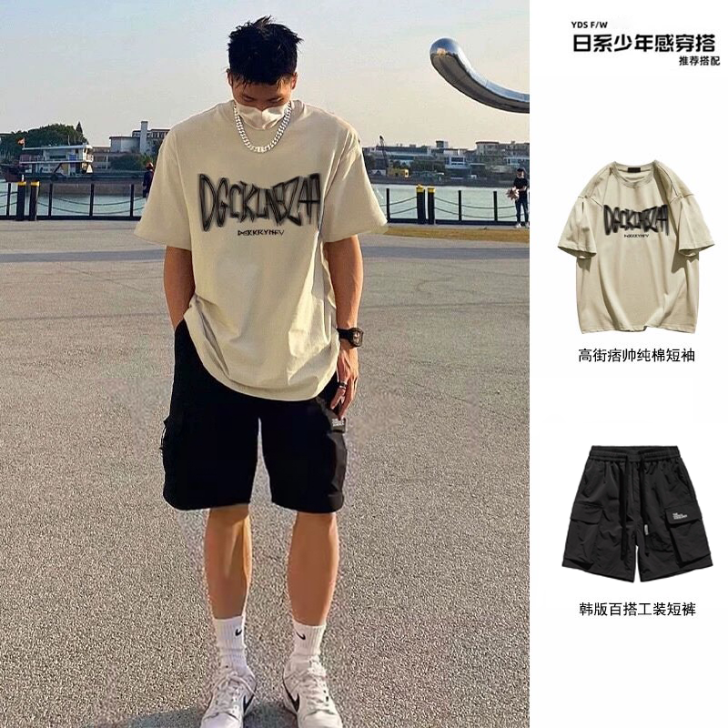 GXG专柜潮牌纯棉短袖T恤男夏季美式复古高品质红色上衣宽松工装短