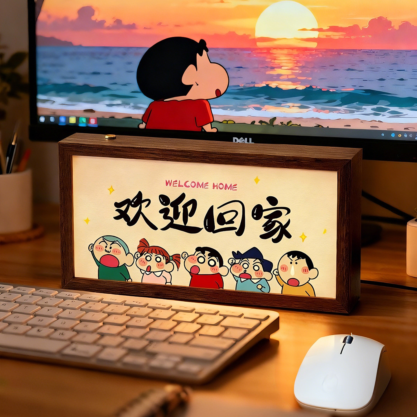 卡通蜡笔小新灯箱发光入户灯光画玄关桌面装饰摆件高级感电视柜
